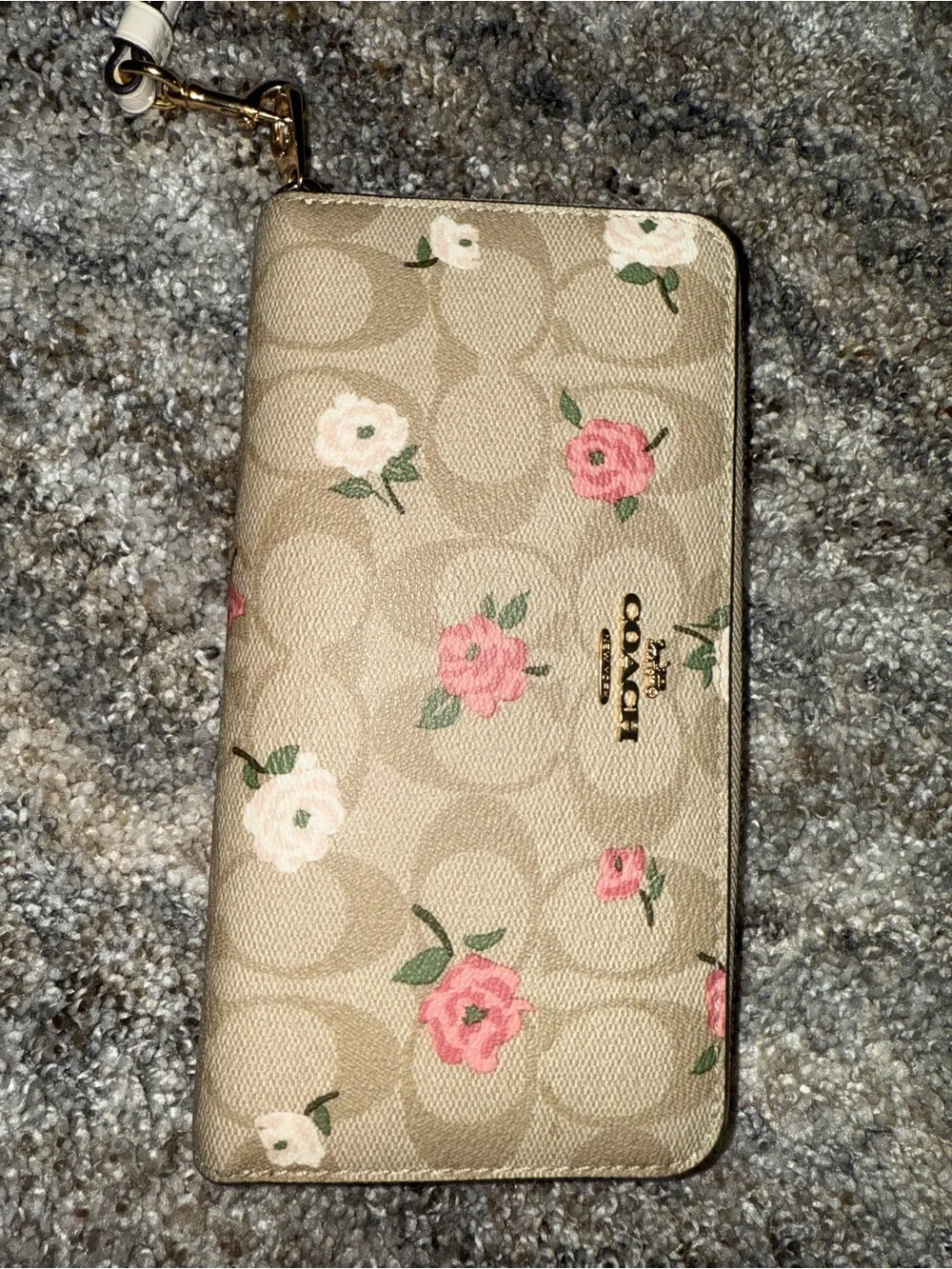 Coach Beige Floral Signature Wristlet with Pink Accents